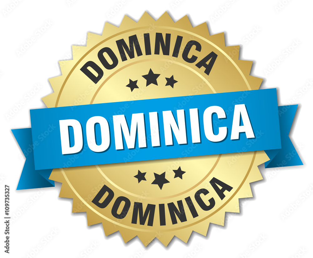 Dominica round golden badge with blue ribbon