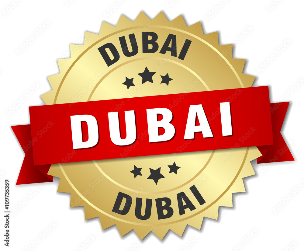 Dubai round golden badge with red ribbon
