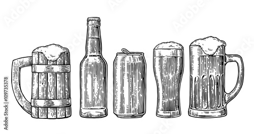 Beer glass, mug, can, bottle, hop. Vector vintage engraved illustration isolated on white background.