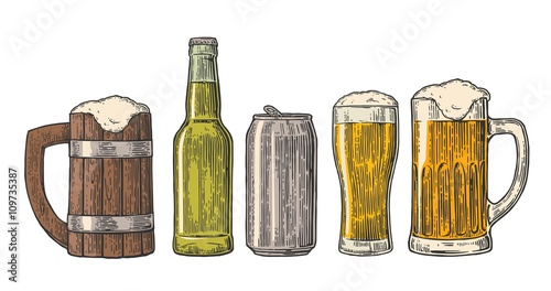 Beer glass, mug, can, bottle, hop. Vector vintage engraved color illustration isolated on white background.
