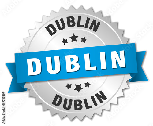 Dublin round silver badge with blue ribbon
