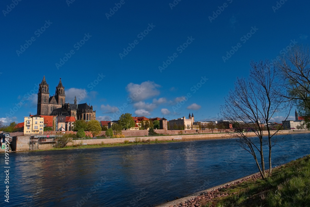 Obraz premium View on Magdeburg city and Elbe in Spring, Magdeburg, Germany