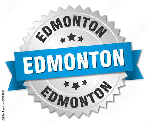 Edmonton round silver badge with blue ribbon