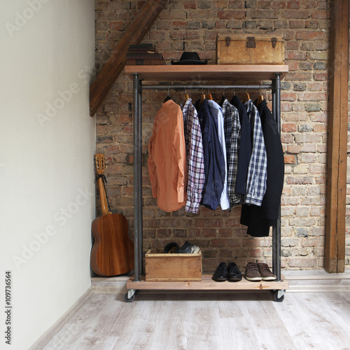 modern wooden rack in the loft interior 