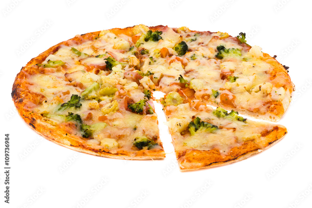 Pizza with cheese and ham isolated on white