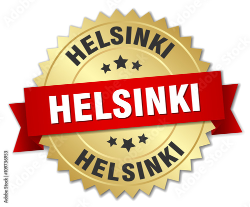Helsinki round golden badge with red ribbon