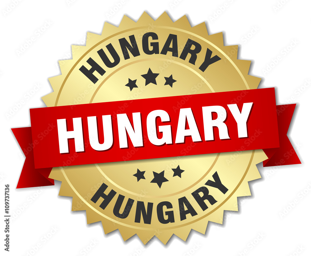 Hungary round golden badge with red ribbon Hungary round golden badge with red ribbon
