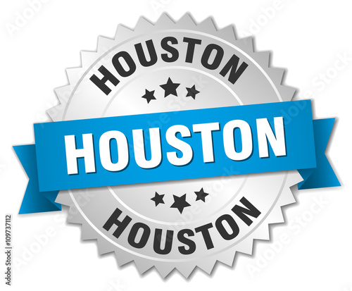 Houston round silver badge with blue ribbon