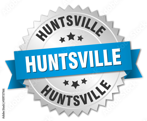 Huntsville round silver badge with blue ribbon