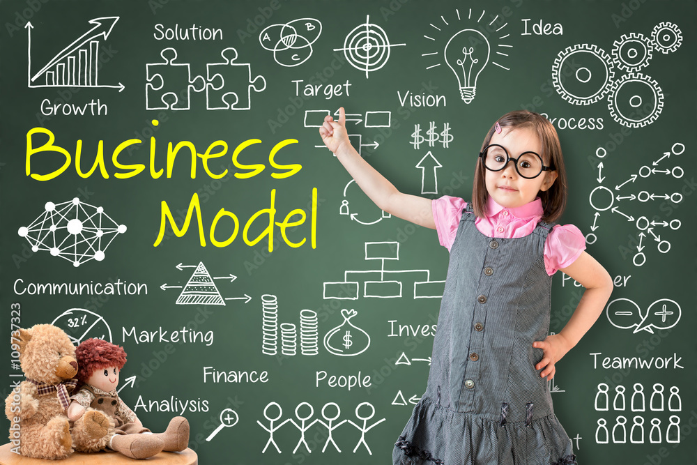 Φωτογραφία Cute little girl wearing business dress and showing business model concept on green chalk board