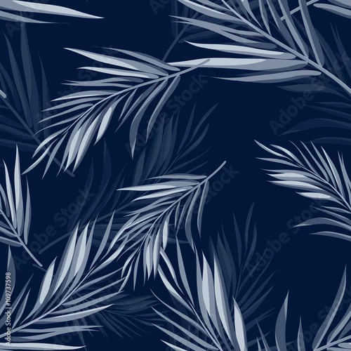 Obraz Tropikalny bezszwowy monochromatyczny błękitny indygowy kamuflażu tło z liśćmi i kwiatami
