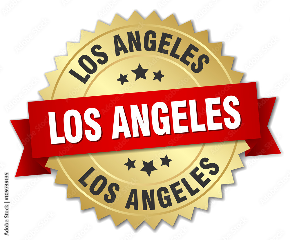 Los Angeles round golden badge with red ribbon Los Angeles round golden badge with red ribbon