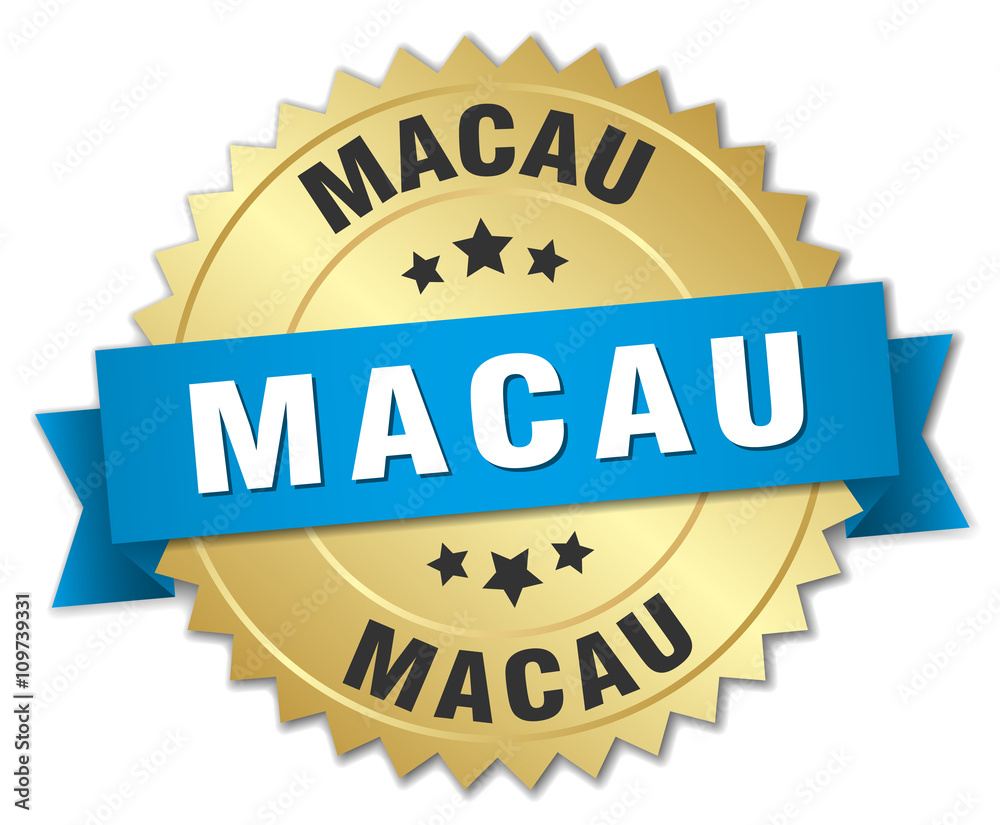 Macau round golden badge with blue ribbon