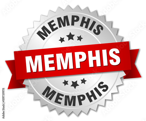 Memphis round silver badge with red ribbon