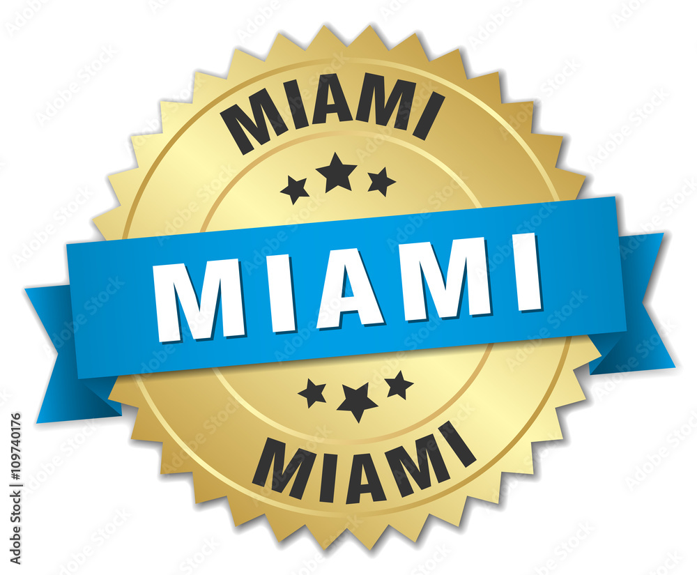 Miami round golden badge with blue ribbon Miami round golden badge with blue ribbon