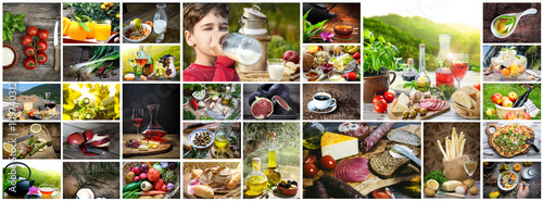 Lebensmittel: Collage aus Essen und Getränken photo