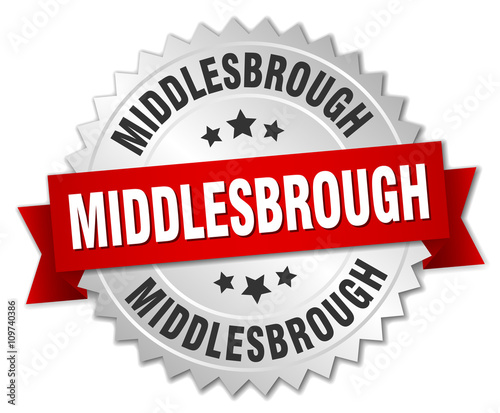 Middlesbrough round silver badge with red ribbon