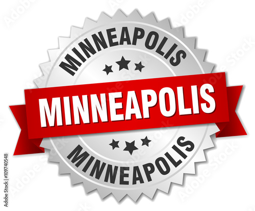 Minneapolis round silver badge with red ribbon