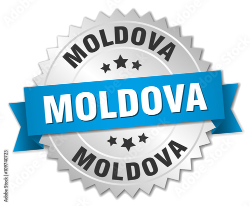 Moldova round silver badge with blue ribbon