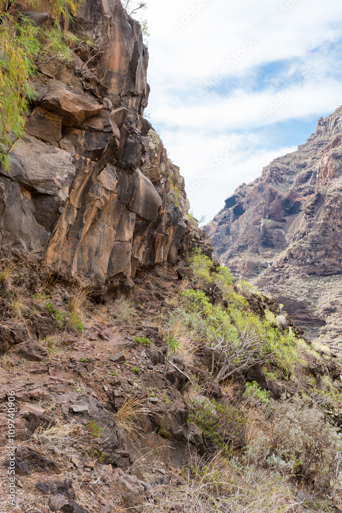 Hike in the Argaga Canyon, The Barranco de Argaga is next to the Valle Gran Rey. The trail is heavy to hike and with the steep slopes a bit dangerous to walk.  It is a steeply path through the gorge 