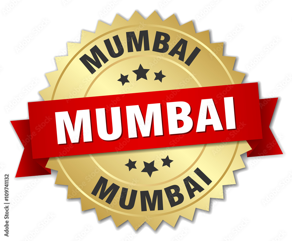 Mumbai round golden badge with red ribbon Mumbai round golden badge with red ribbon