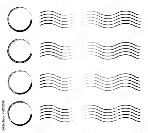 Set of postal stamps and postmarks, black isolated on white background, vector illustration.