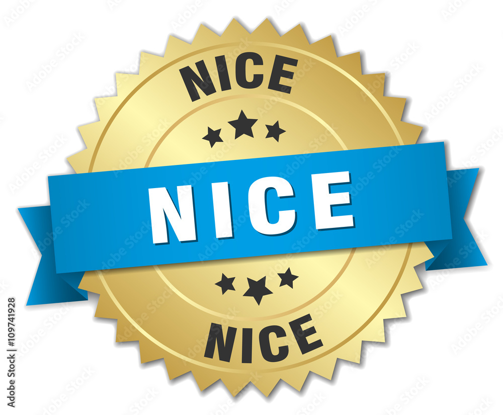 Nice round golden badge with blue ribbon Nice round golden badge with blue ribbon