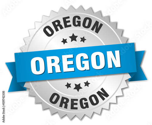 Oregon round silver badge with blue ribbon