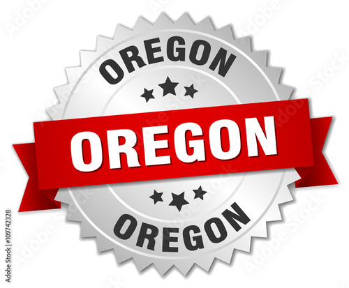 Oregon round silver badge with red ribbon