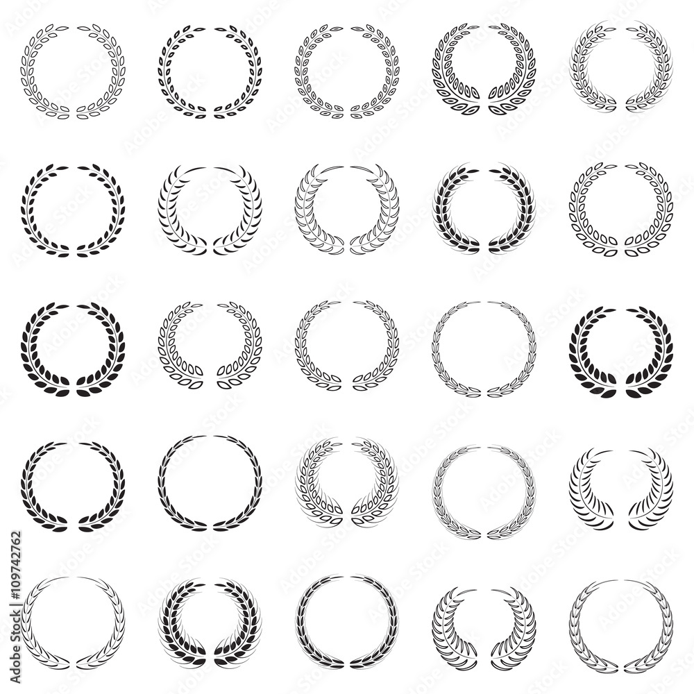 Circular laurel foliate and wheat wreaths, set of black silhouette, isolated on white background, vector illustration.
