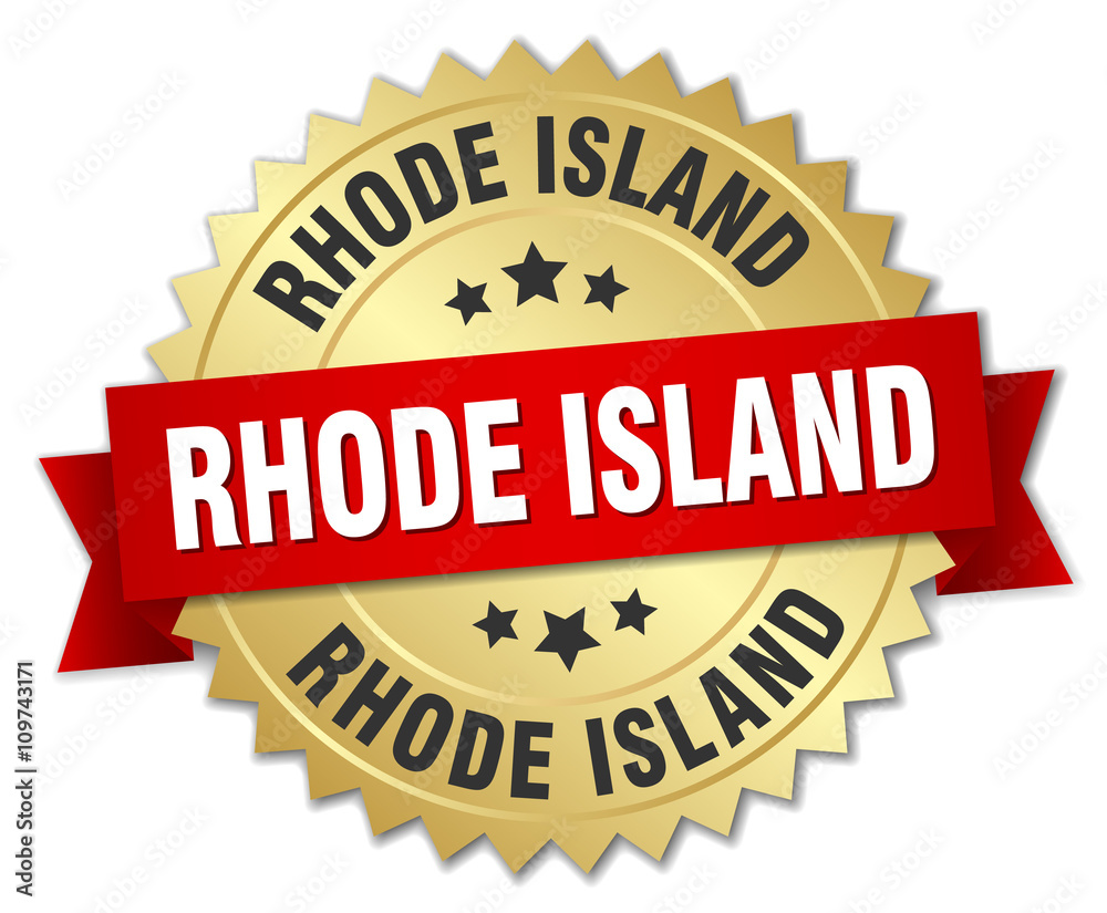 Rhode Island round golden badge with red ribbon