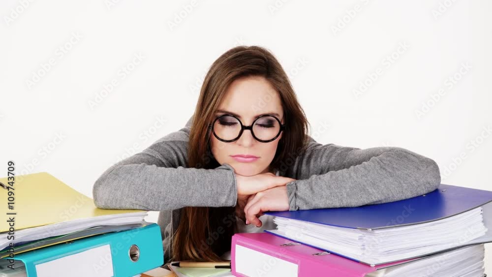 woman tired with stack of folders documents 4K woman tired with stack of folders documents 4K