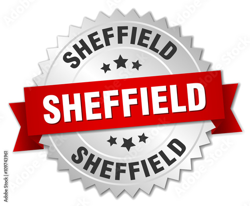 Sheffield  round silver badge with red ribbon