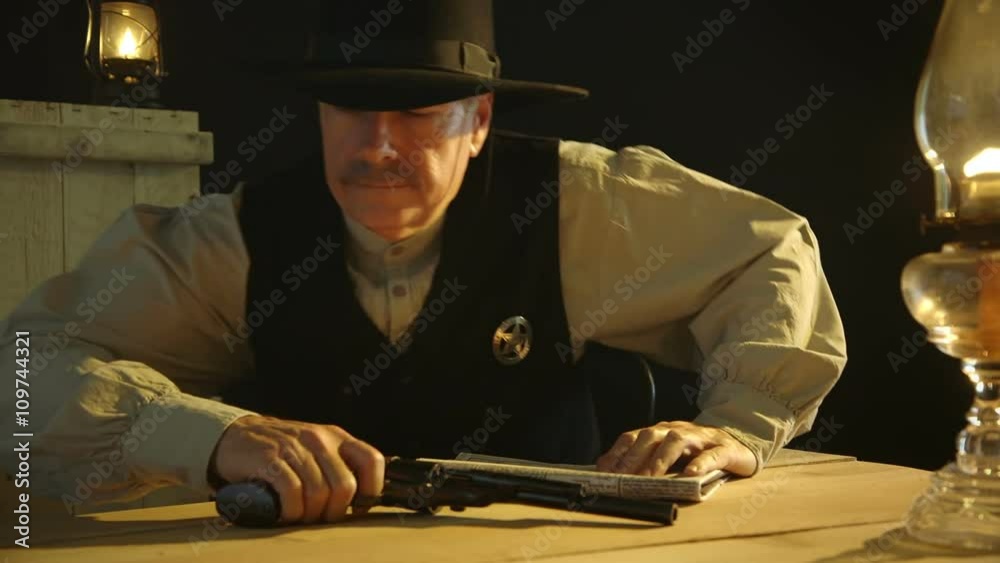 A cowboy from the American wild west era lowers his newspaper to reveal a sheriff badge then gets up and leaves with an annoyed expression.