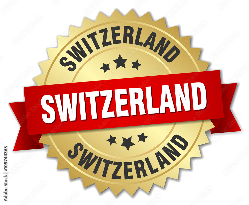 Switzerland round golden badge with red ribbon