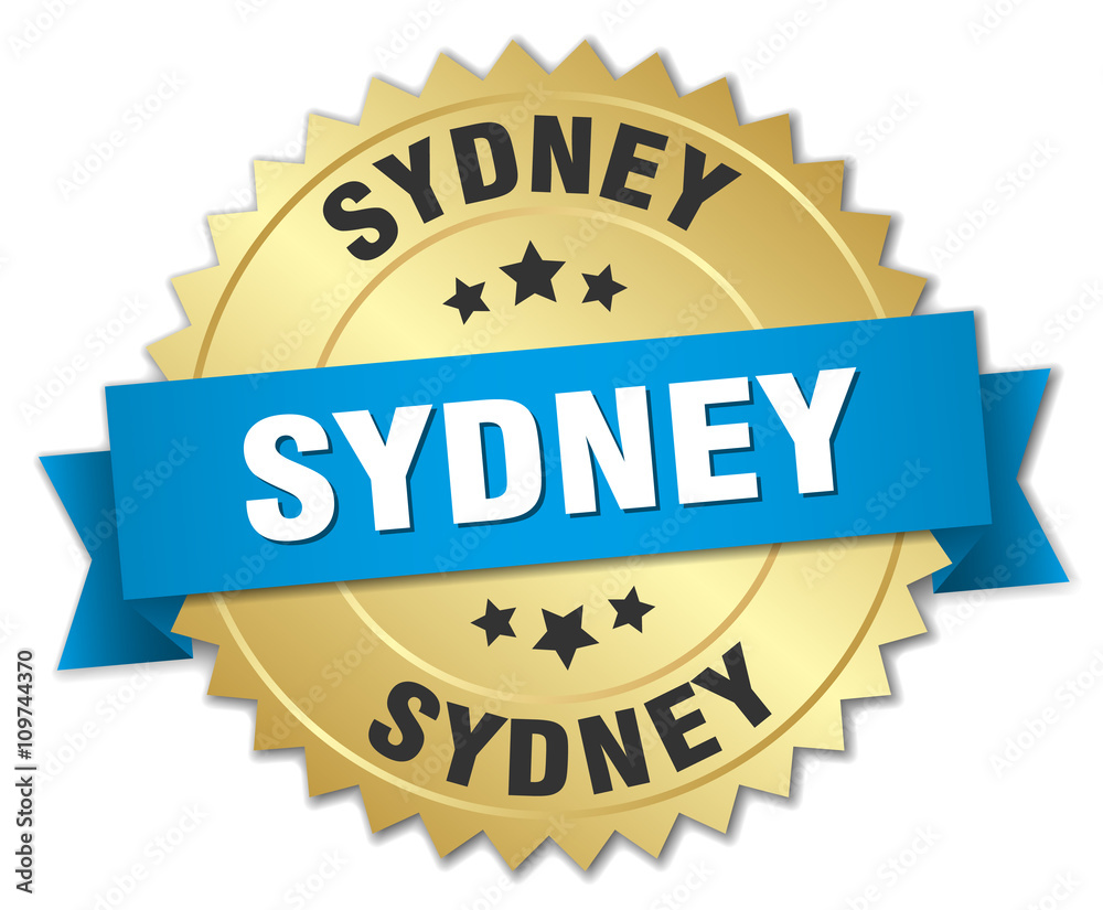 Sydney round golden badge with blue ribbon