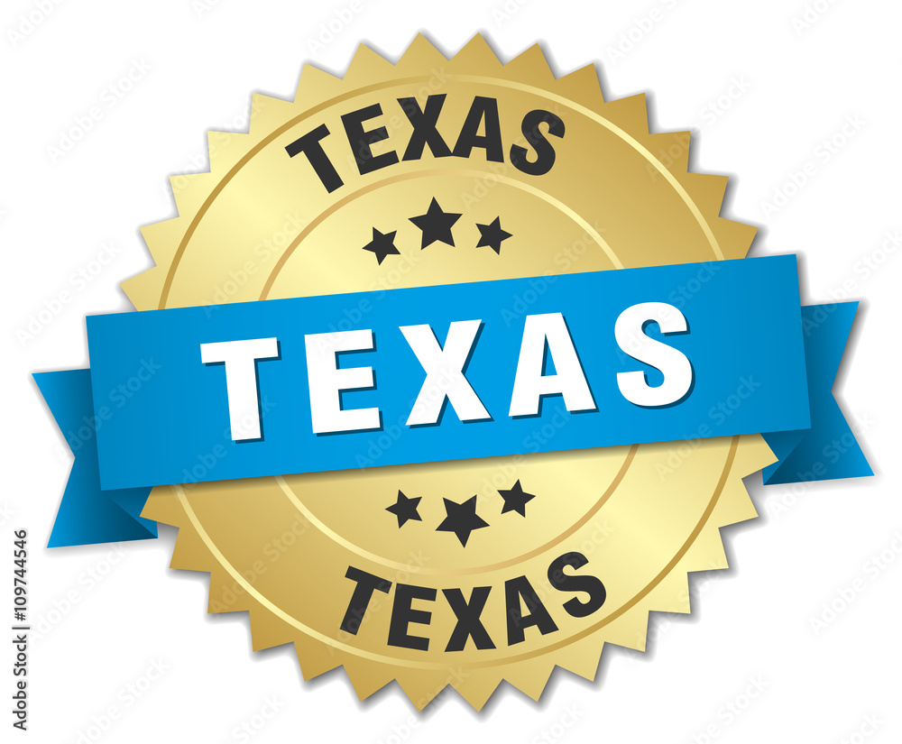 Texas round golden badge with blue ribbon Texas round golden badge with blue ribbon