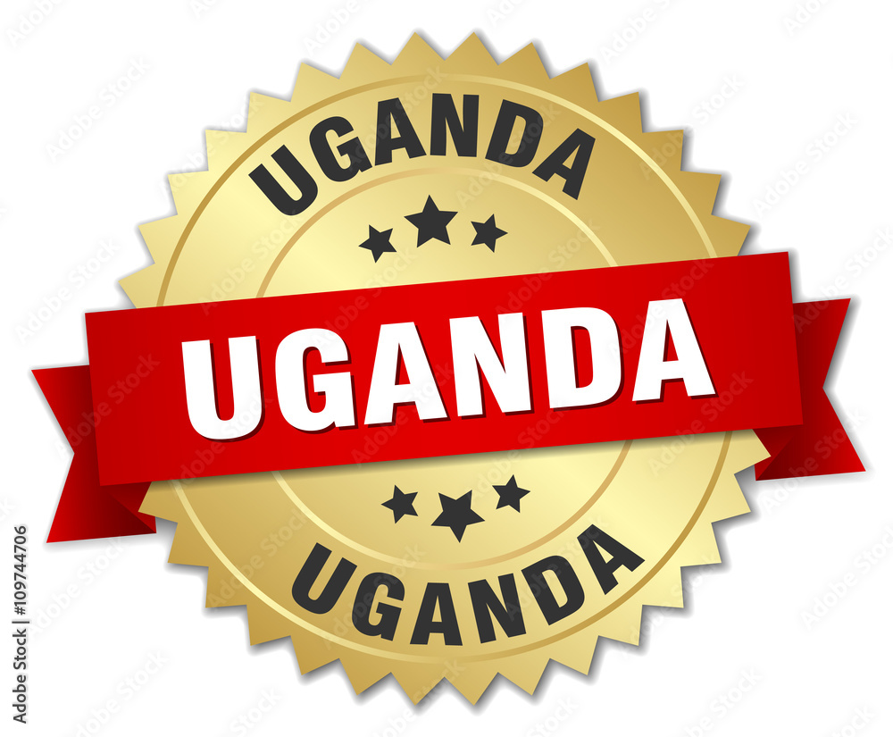 Uganda round golden badge with red ribbon