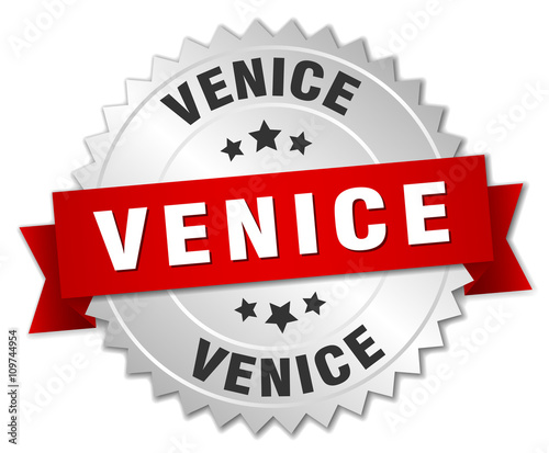 Venice  round silver badge with red ribbon