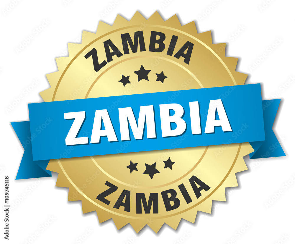 Zambia round golden badge with blue ribbon