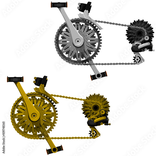 2 isolated bicycle transmission sets gold and silver shade
