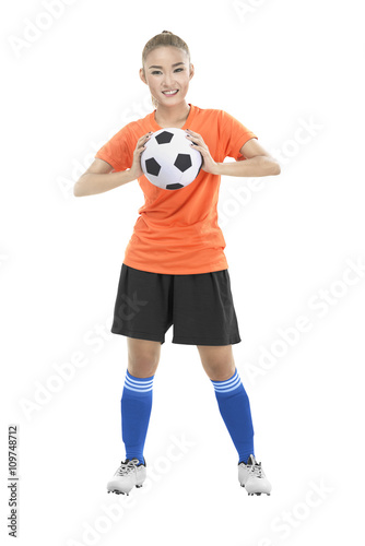 Woman holding soccer ball © Leo Lintang