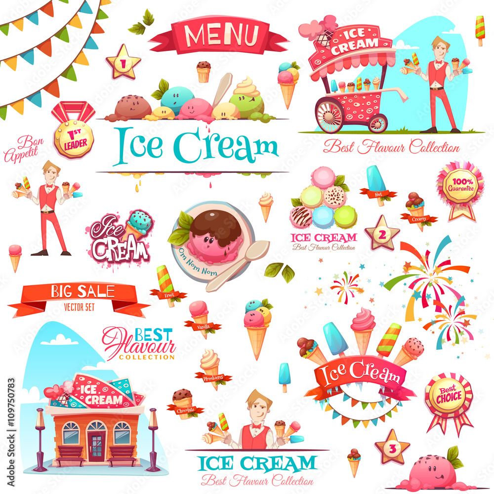 Ice cream vector set with banner icons and illustrations .