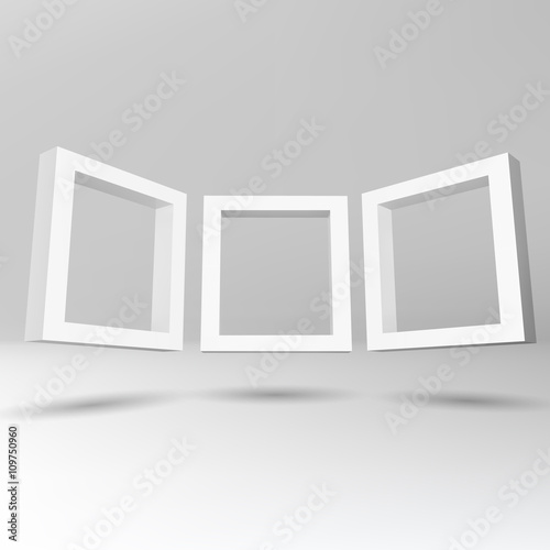 Three white rectangular 3D frames