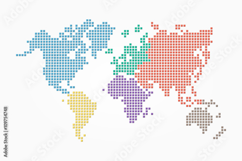 World map ( pixel style and flat color design ) ( different color of continent )