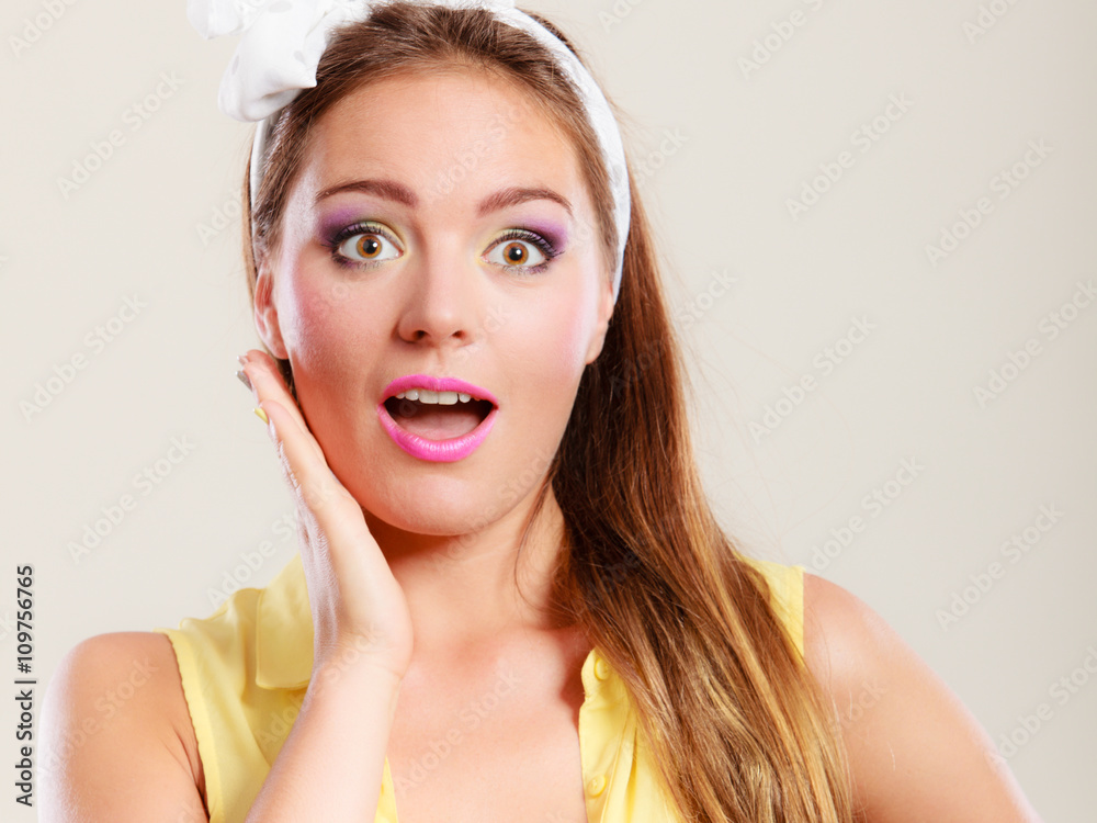 Amazed surprised pin up girl with mouth wide open. Stock Photo | Adobe ...