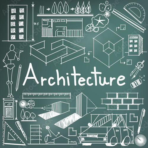 Architecture and architect design profession and building exterior blueprint handwriting doodle tool sign and symbol in blackboard background for education subject or presentation title (vector)
