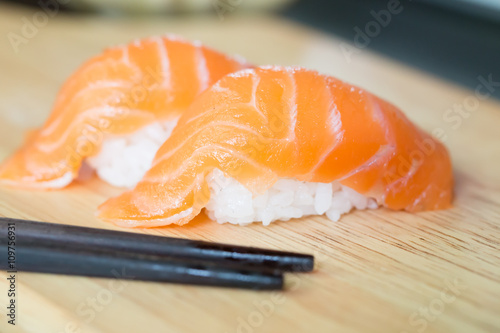 Sushi salmon on white plate