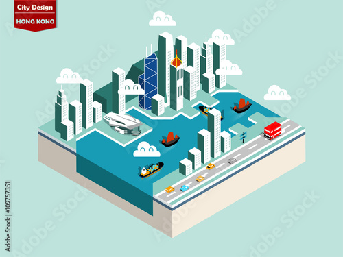beautiful isometric style design concept of Hong Kong city