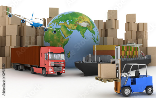 Cargo ship, truck, plane and loader with boxes. 3d image